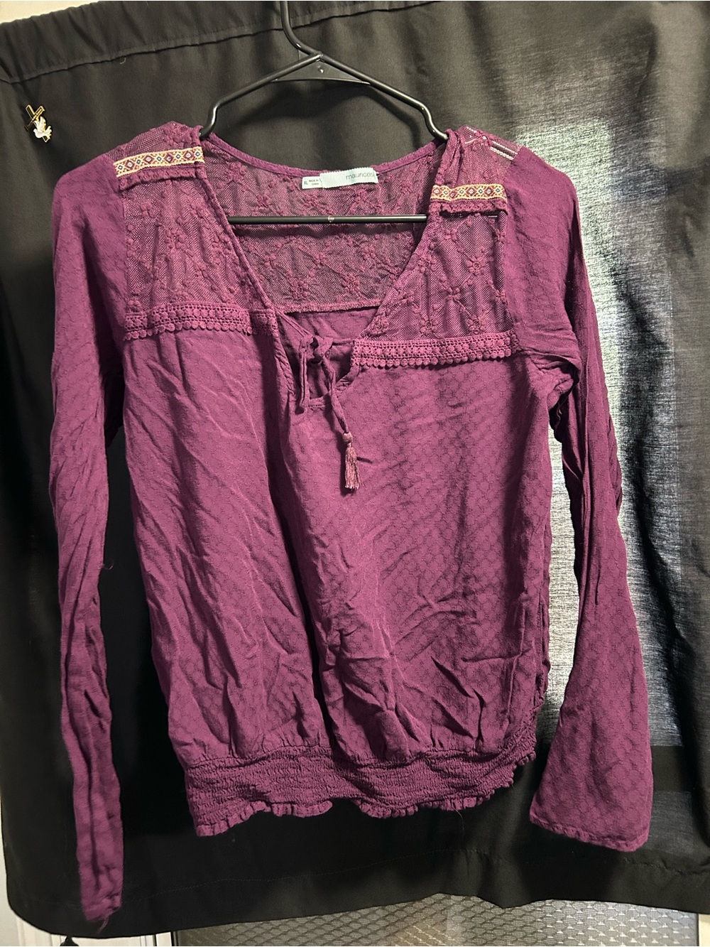 Maurices Deep Plum Lace Yoke Long Sleeve Top
